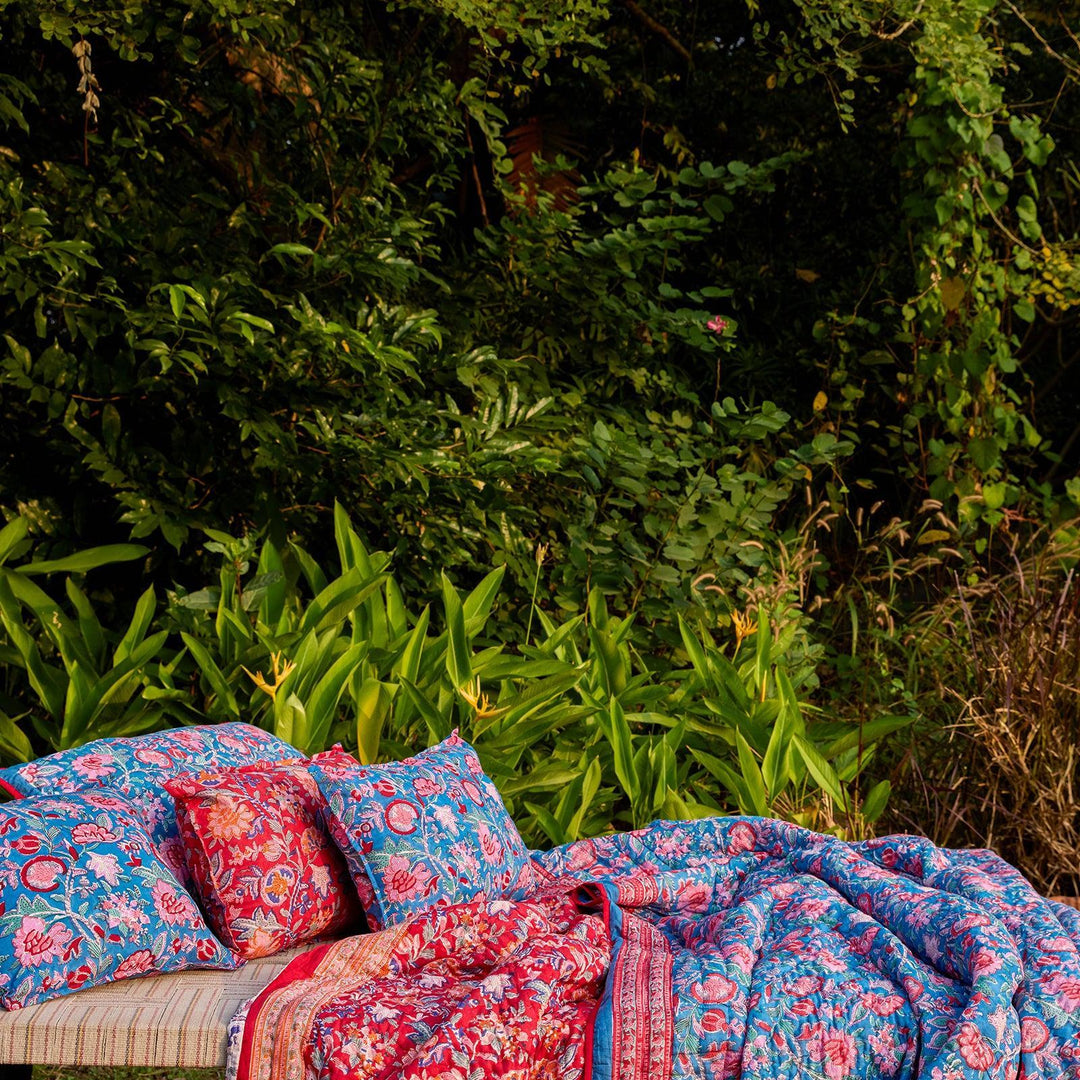 Blue &amp; Red Gulnaar Blockprint Double Bed Quilt-Quilt sets-House of Ekam