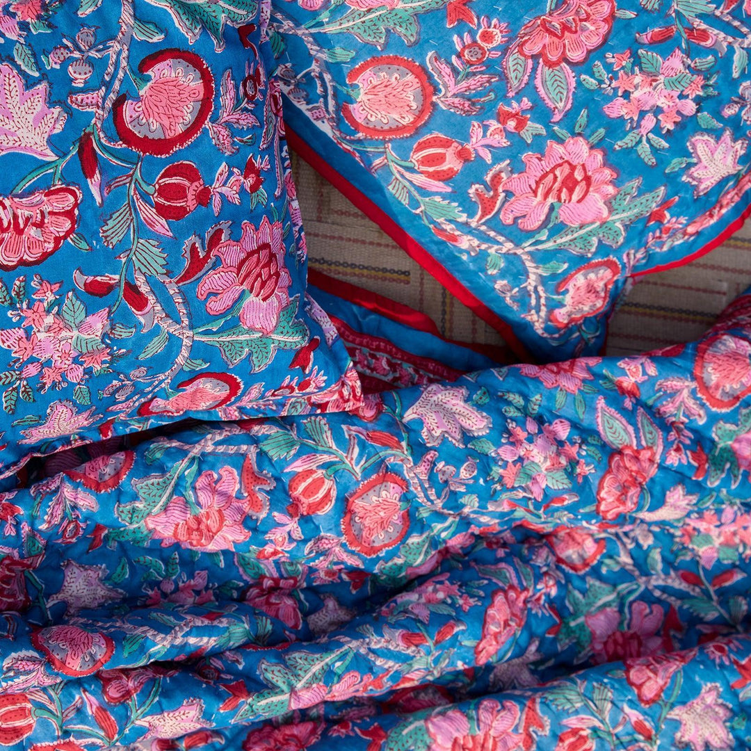 Blue &amp; Red Gulnaar Blockprint Double Bed Quilt-Quilt sets-House of Ekam