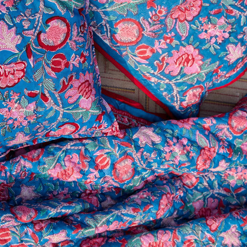 Blue & Red Gulnaar Blockprint Double Bed Quilt-Quilt sets-House of Ekam