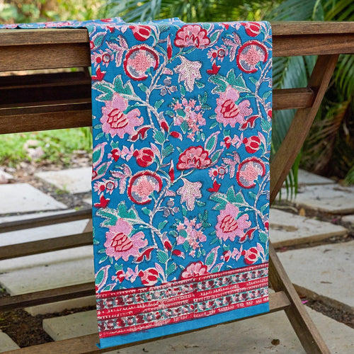 Blue & Red Gulnaar Handblockprinted Table Cloth-Table Runners-House of Ekam