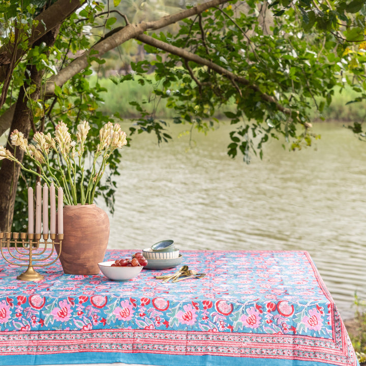 Blue &amp; Red Gulnaar Handblockprinted Table Cloth-Table Runners-House of Ekam