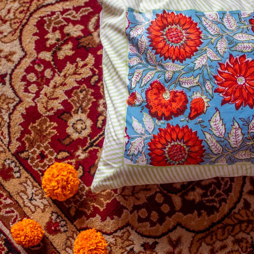 Blue & Red Gulshan Jaal Cushion Cover-Cushion Covers-House of Ekam