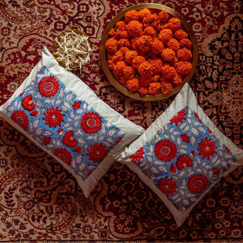 Blue & Red Gulshan Jaal Cushion Cover-Cushion Covers-House of Ekam