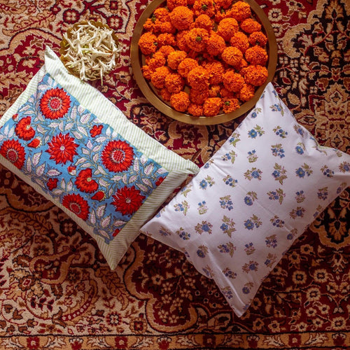 Blue & Red Gulshan Jaal Cushion Cover-Cushion Covers-House of Ekam