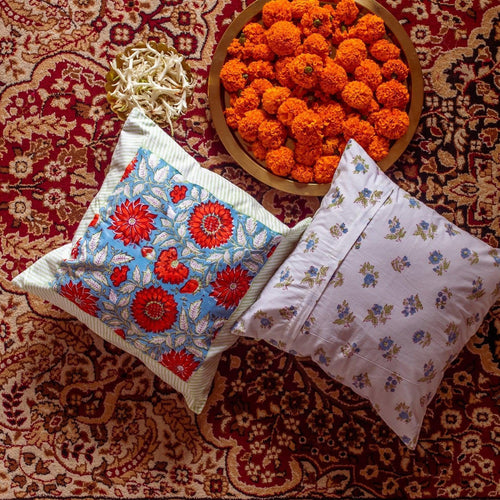 Blue & Red Gulshan Jaal Cushion Cover-Cushion Covers-House of Ekam