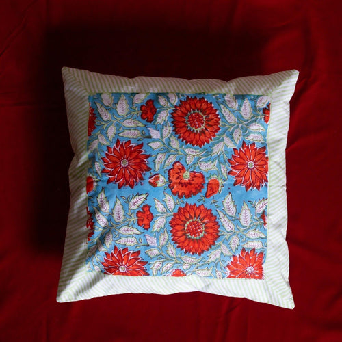 Blue & Red Gulshan Jaal Cushion Cover-Cushion Covers-House of Ekam