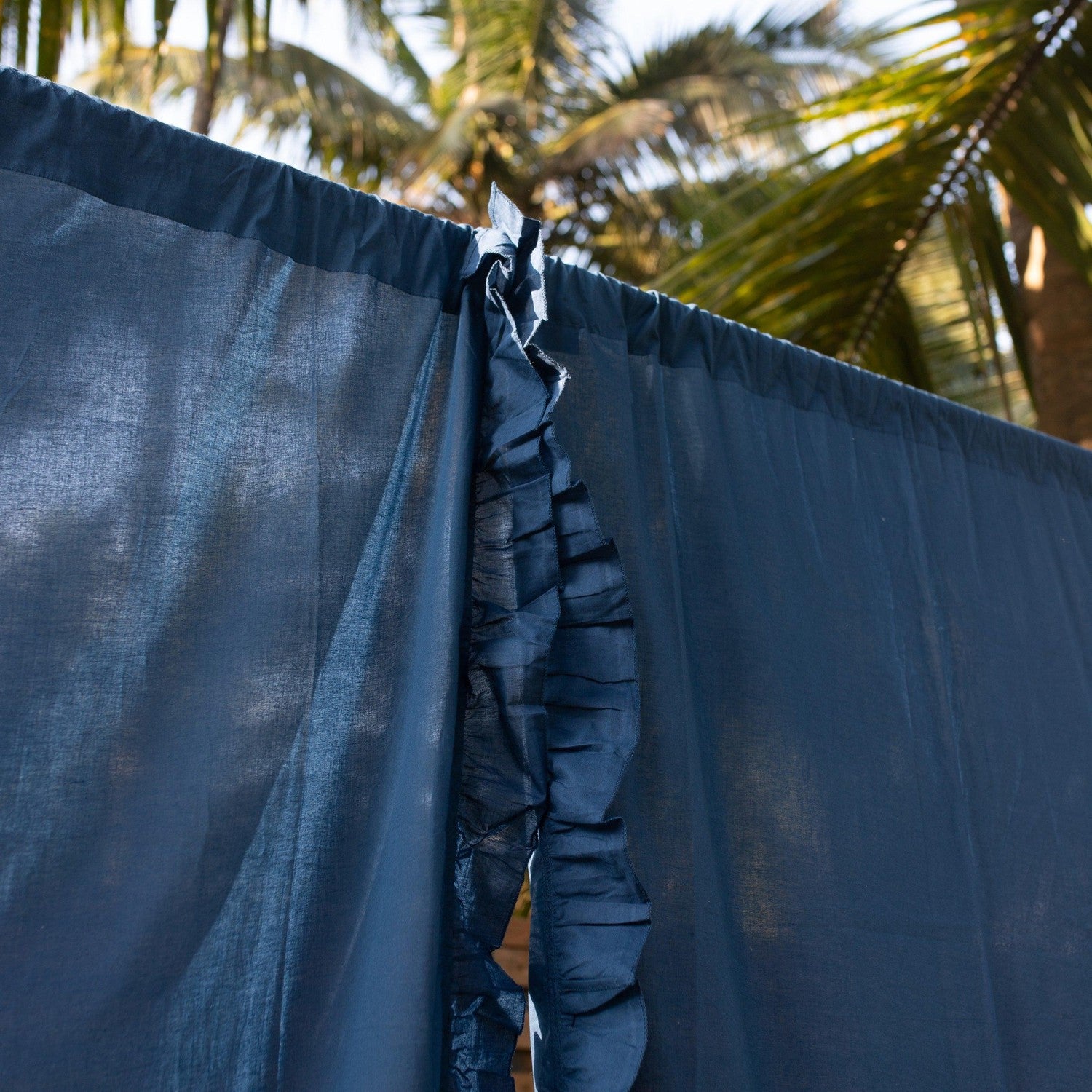 Blue Ruffle Boho Cotton Curtain for Doors & Windows - Loops, Pleats ...