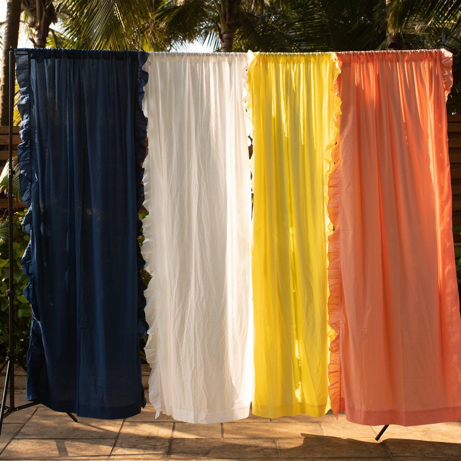 Blue Ruffle Boho Cotton Curtain for Doors & Windows - Loops, Pleats ...
