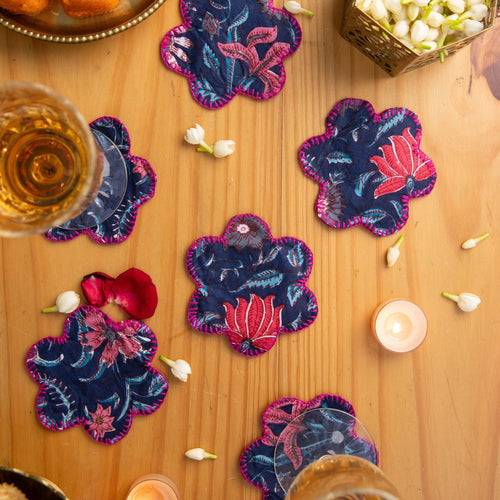 Blue Starry Sky Flower Shape Coaster Set of 6-Coasters-House of Ekam