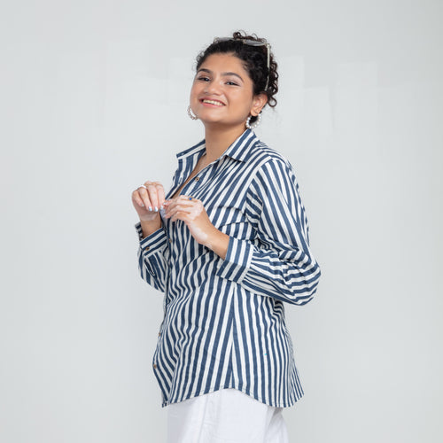 Blue Stripe Cotton Shirt-Shirts-House of Ekam