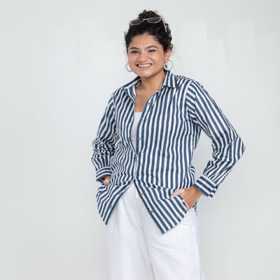 Blue Stripe Cotton Shirt-Shirts-House of Ekam