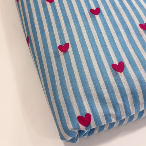 Blue Stripe Red Heart Screenprinted Cotton Fabric-fabric-House of Ekam