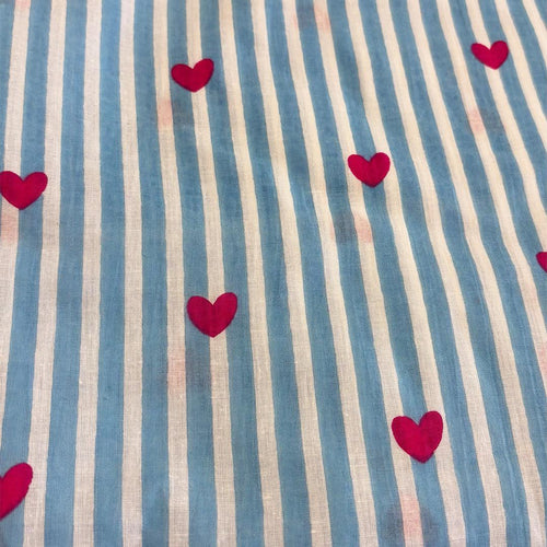 Blue Stripe Red Heart Screenprinted Cotton Fabric-fabric-House of Ekam