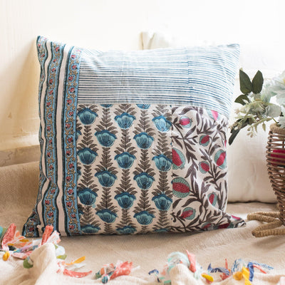Blue Sunheri Floral Patchwork Cushion Cover-Cushion Covers-House of Ekam