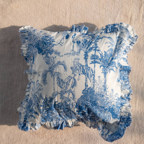 Blue Tropical Dreams Ruffle Cushion Cover-Cushion Covers-House of Ekam