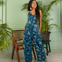 Blue Tropical Tango Cotton Jumpsuit-Jump suits-House of Ekam