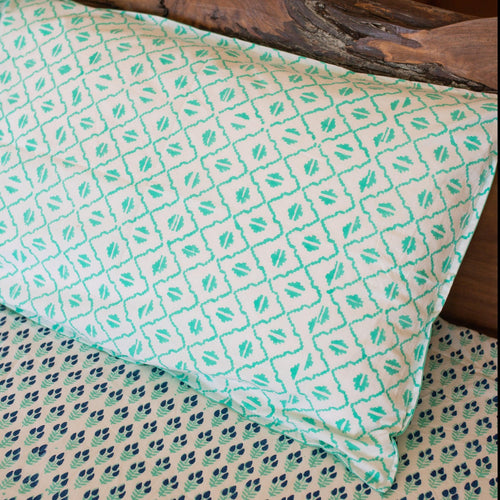 Blue Twig Blockprinted Double Bed Bedsheet-Bedsheets-House of Ekam