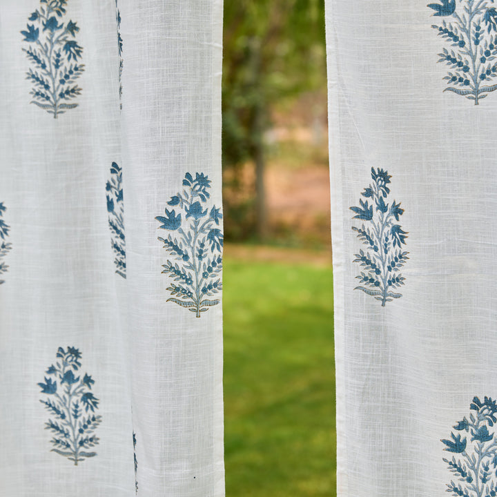 Blue Viola Blockprint Cotton Slub Curtain-Curtains-House of Ekam
