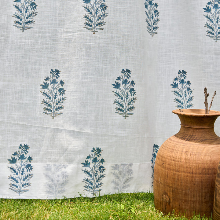 Blue Viola Blockprint Cotton Slub Curtain-Curtains-House of Ekam