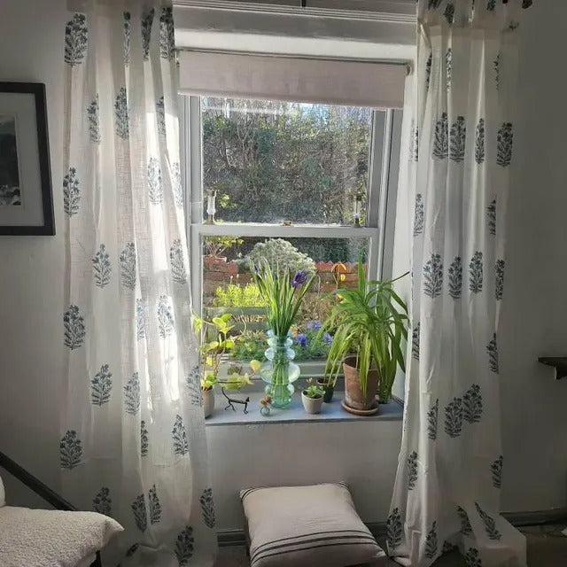 Blue Viola Blockprint Cotton Slub Curtain-Curtains-House of Ekam