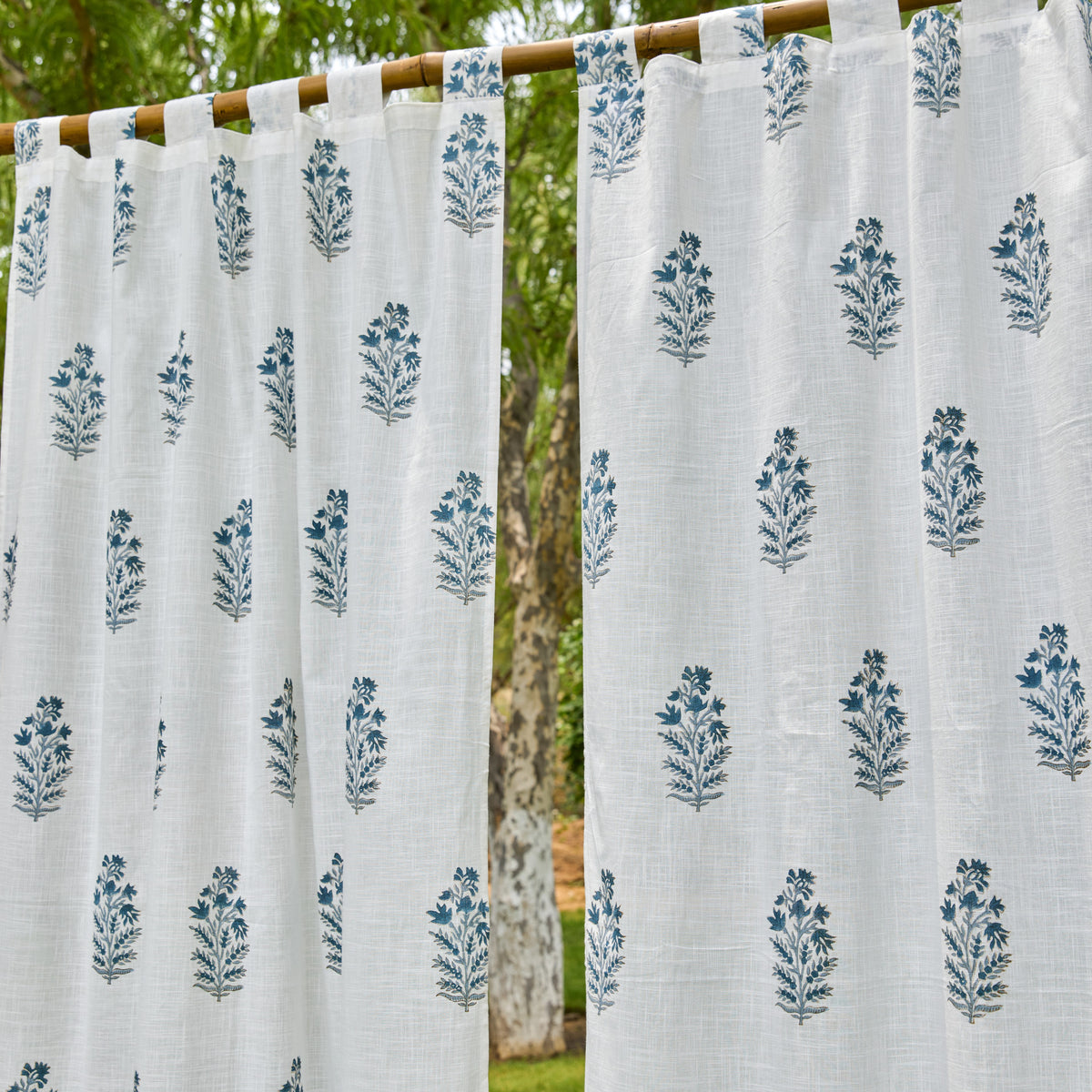 Blue Viola Blockprint Cotton Slub Curtain-Curtains-House of Ekam