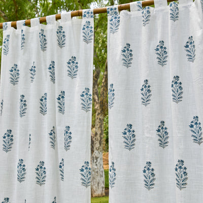 Blue Viola Blockprint Cotton Slub Curtain-Curtains-House of Ekam