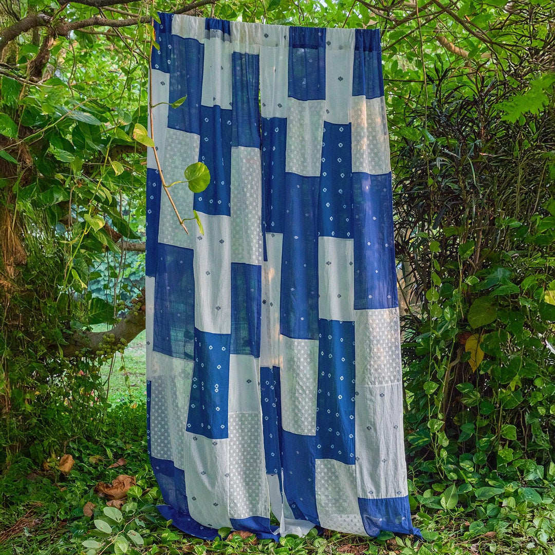 Blue &amp; White Patchwork Handmade Cotton Curtain-Curtains-House of Ekam