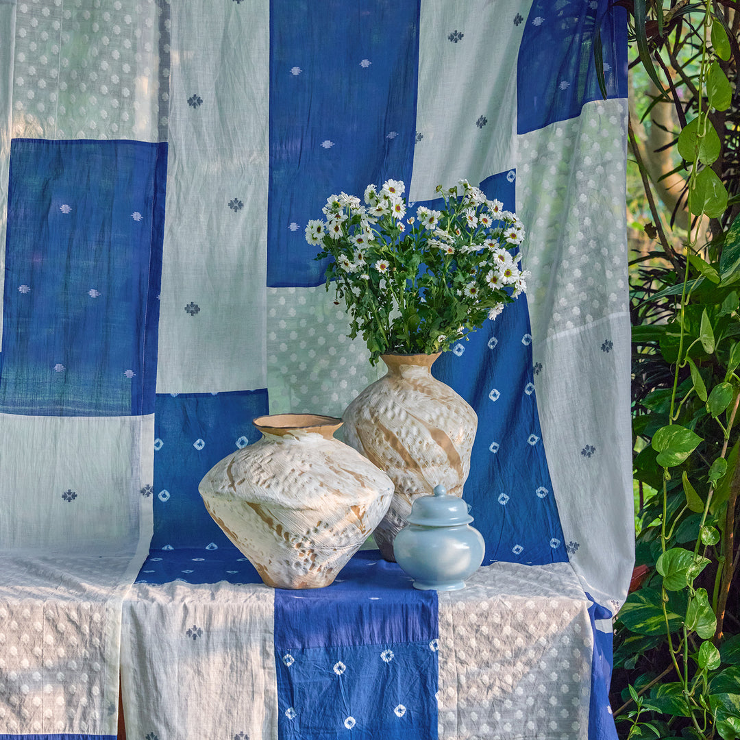Blue &amp; White Patchwork Handmade Cotton Curtain-Curtains-House of Ekam