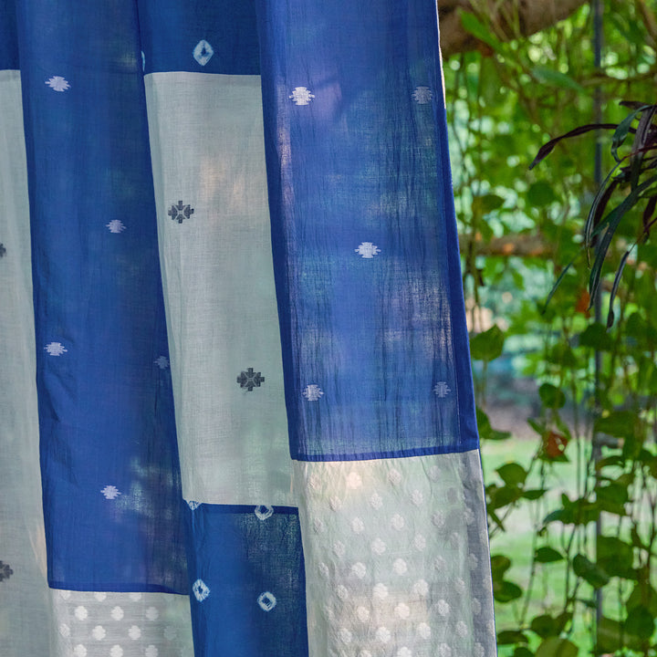 Blue &amp; White Patchwork Handmade Cotton Curtain-Curtains-House of Ekam