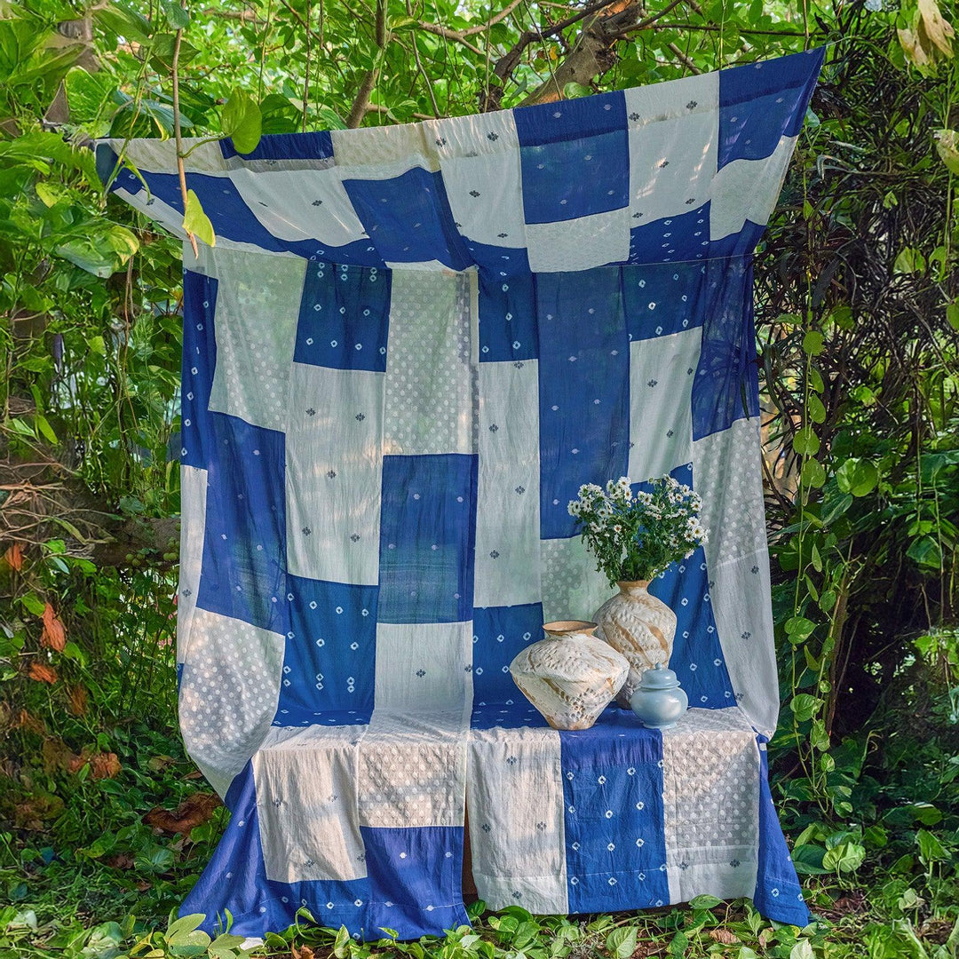 Blue &amp; White Patchwork Handmade Cotton Curtain-Curtains-House of Ekam