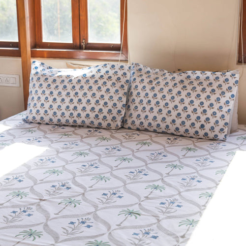 Blue White Phool and Palm Blockprinted Bedsheet-Bedsheets-House of Ekam