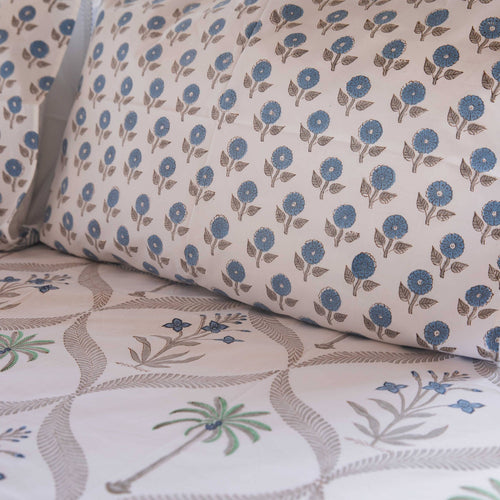 Blue White Phool and Palm Blockprinted Bedsheet-Bedsheets-House of Ekam