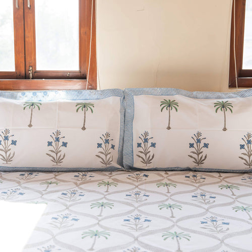 Blue White Phool and Palm Blockprinted Bedsheet-Bedsheets-House of Ekam