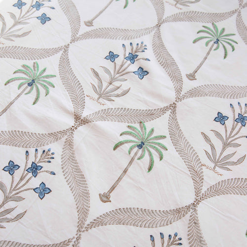 Blue White Phool and Palm Blockprinted Bedsheet-Bedsheets-House of Ekam