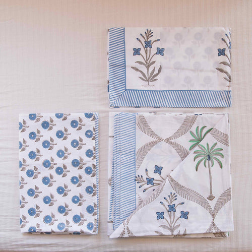 Blue White Phool and Palm Blockprinted Bedsheet-Bedsheets-House of Ekam