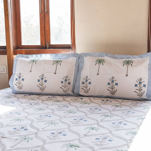 Blue White Phool and Palm Blockprinted Bedsheet-Bedsheets-House of Ekam