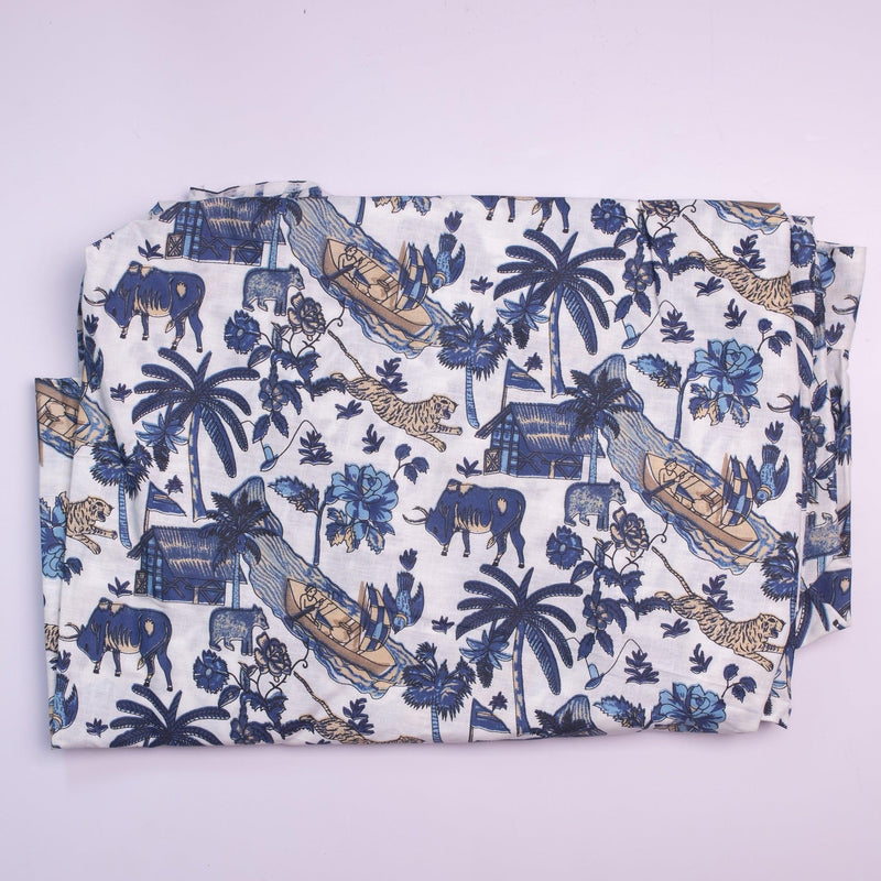 Blue & White Village Palm Screen Printed Fabric-fabric-House of Ekam
