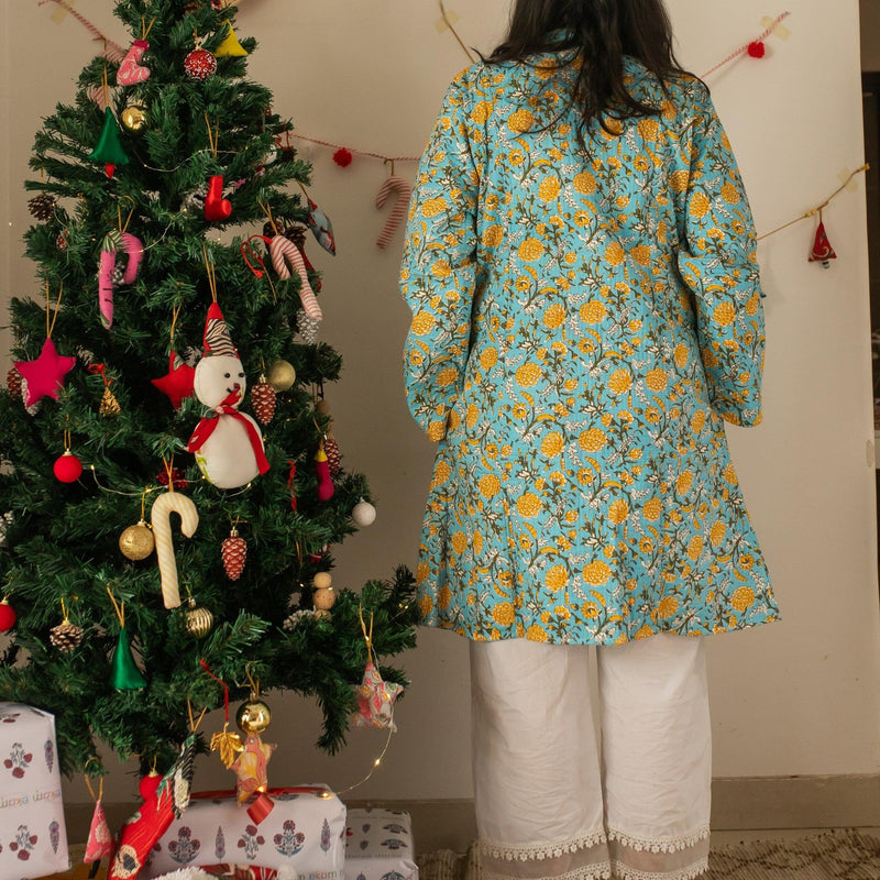 Blue & Yellow Floral Jaal Cotton Winter Jacket-Jackets-House of Ekam