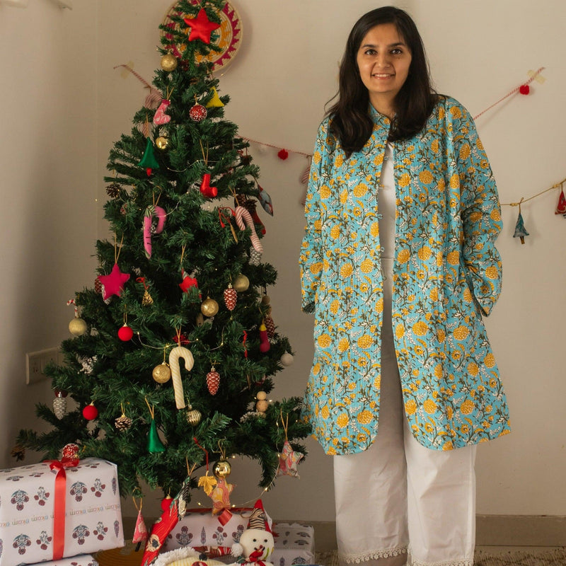 Blue & Yellow Floral Jaal Cotton Winter Jacket-Jackets-House of Ekam