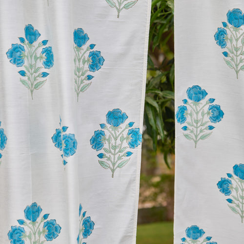 Blue and Green Rose Blockprint Chanderi Silk Curtain-Curtains-House of Ekam