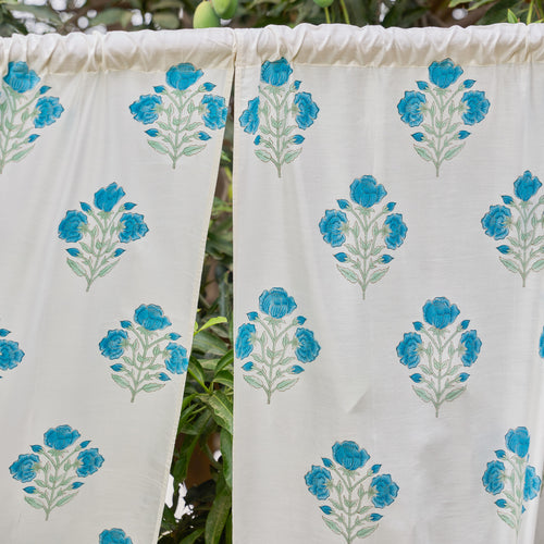 Blue and Green Rose Blockprint Chanderi Silk Curtain-Curtains-House of Ekam