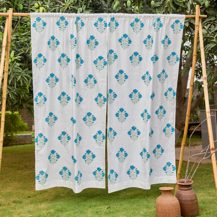 Blue and Green Rose Blockprint Chanderi Silk Curtain-Curtains-House of Ekam
