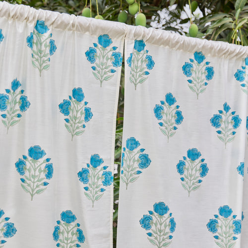 Blue and Green Rose Blockprint Chanderi Silk Curtain-Curtains-House of Ekam