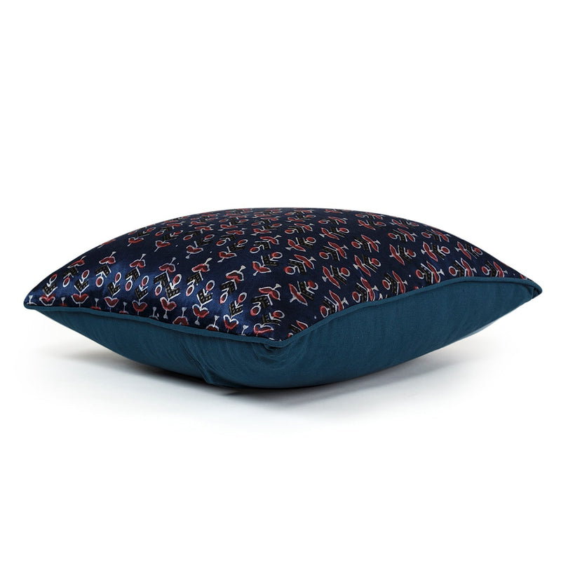 Blue and Pink Floral Blockprint Mashru Silk Cushion Cover-Cushion Covers-House of Ekam