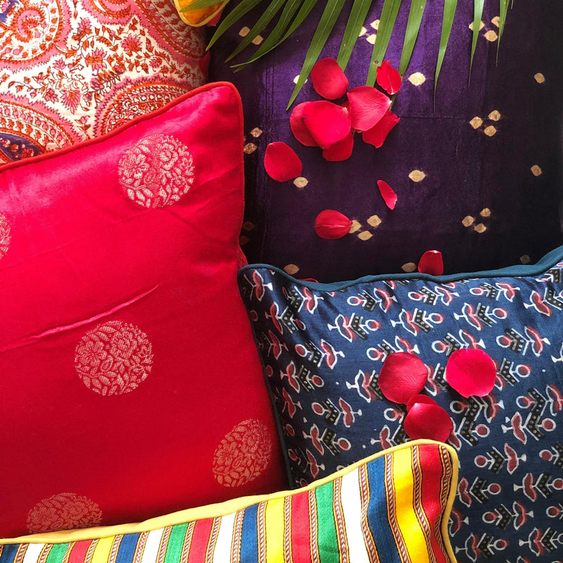 Blue and Pink Floral Blockprint Mashru Silk Cushion Cover-Cushion Covers-House of Ekam
