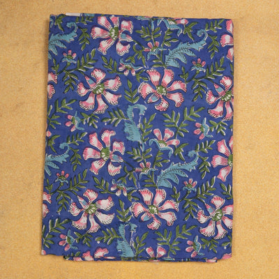 Blue and Pink Flower Jaal Hand Blockprinted Cotton Fabric-fabric-House of Ekam