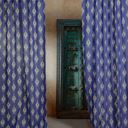 Blue and Red Chitra Ikat Handloom Curtain-Curtains-House of Ekam