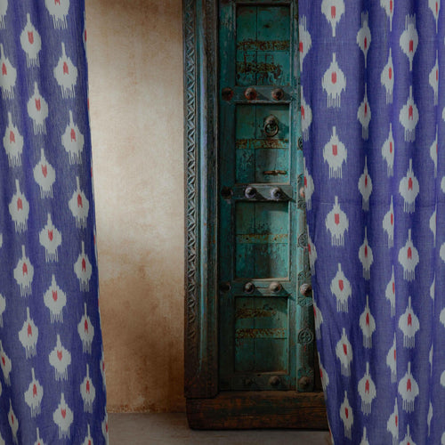 Blue and Red Chitra Ikat Handloom Curtain-Curtains-House of Ekam