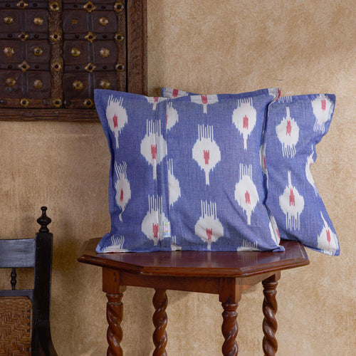 Blue and Red Chitra Ikat Handloom Cushion Cover-Cushion Covers-House of Ekam