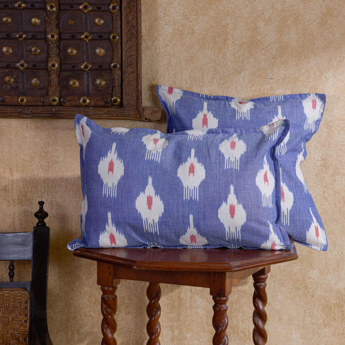 Blue and Red Chitra Ikat Handloom Cushion Cover-Cushion Covers-House of Ekam